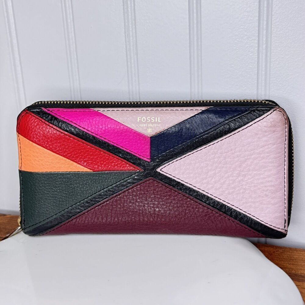 Fossil Cow Hide Leather Sydney Wallet Patchwork Bright Colors Zip Expanding